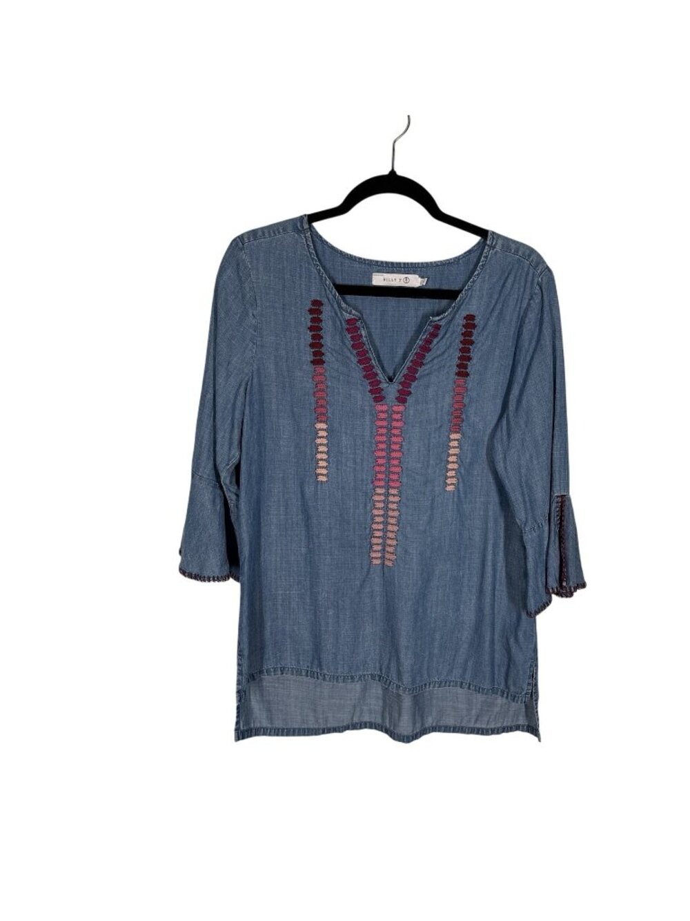 Billy T Women S Blue Chambray Lyocell Boho Bell Sleeves Pullover Tunic Blouse